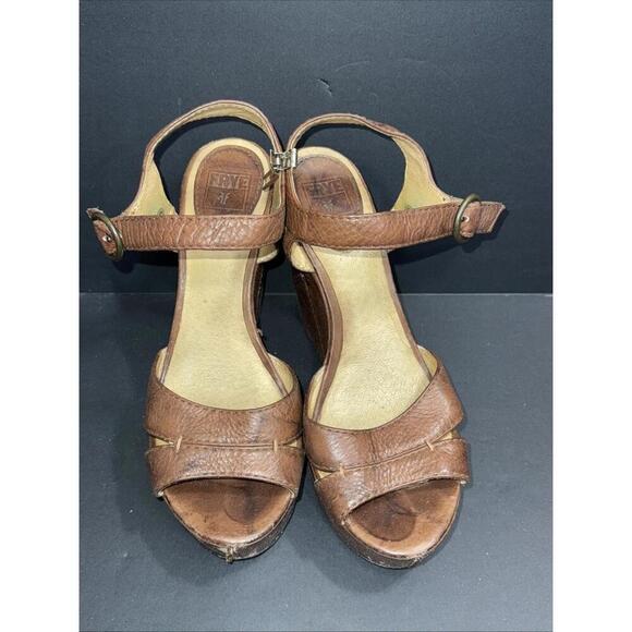 Frye Corrina Campus Platform Brown Leather Y2K Boho Hippie Wedge Heel Sandals 8 - Picture 1 of 15